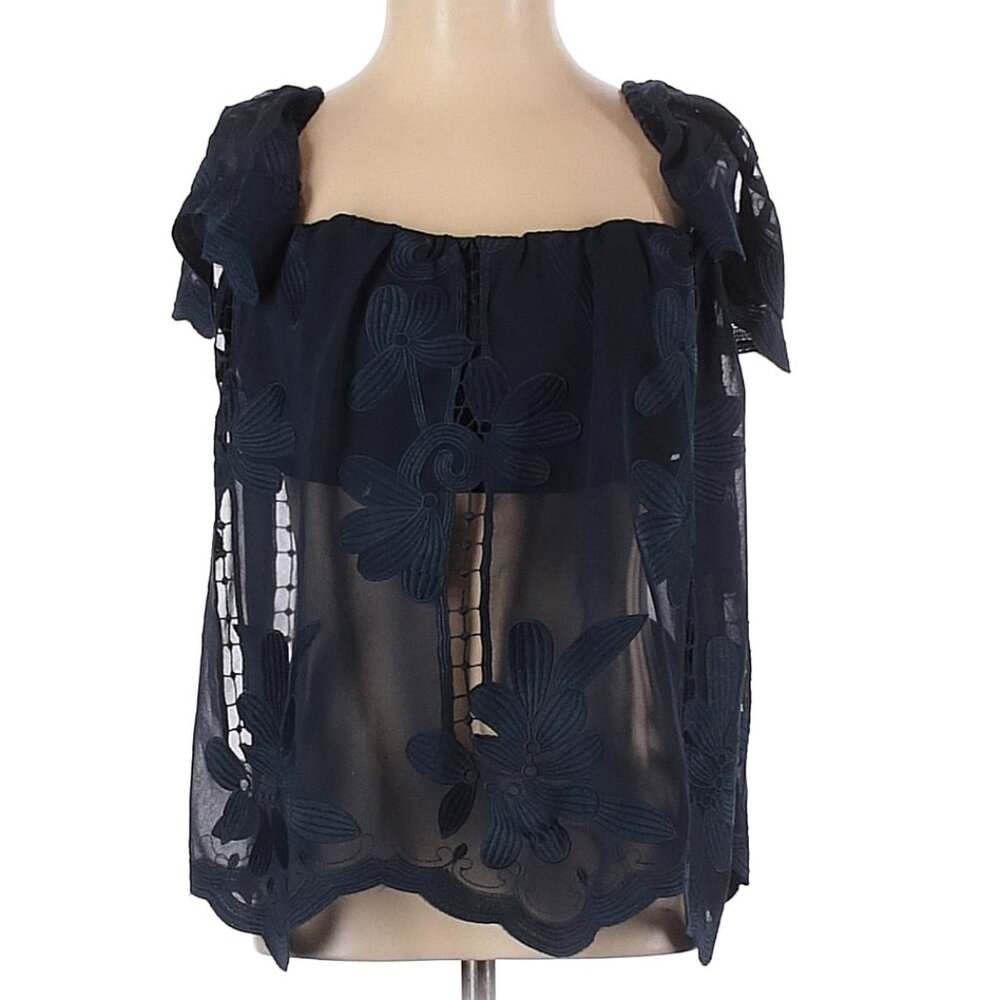 Lovers + Friends • Blue Sheer Embroidery & Lace Top
